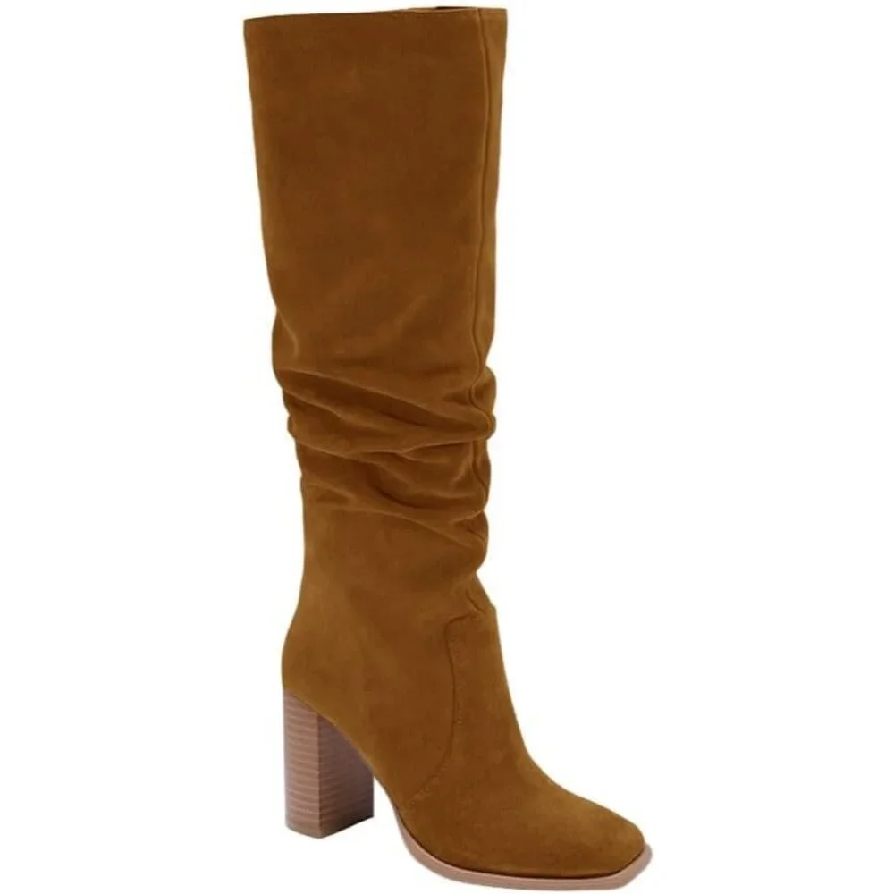 Women's Dark Brown Chunky High Heel Square Zipper Wide Calf Knee High Boots